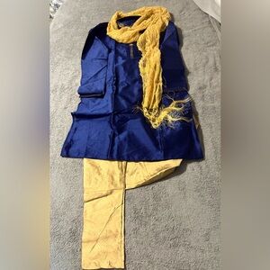 Mens Blue and Yellow Costume Set. Kurta pajama and Suit with scarf set. Men’s L